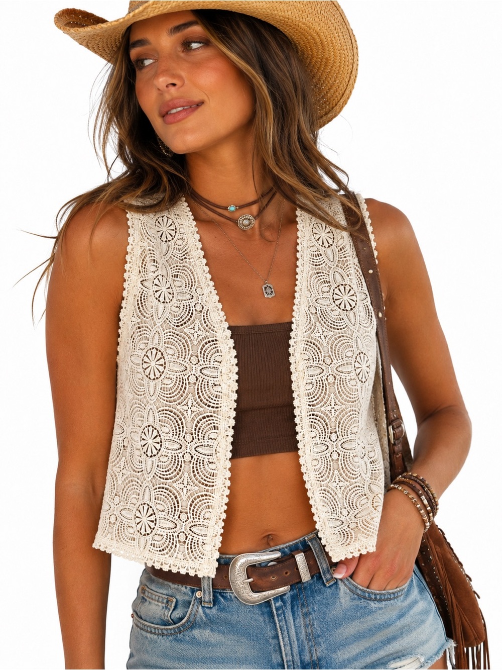Boho Crochet Lace Vest Open Front Cream Cotton Festival Style S